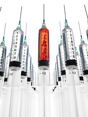 Rows of syringes, one filled with blood
