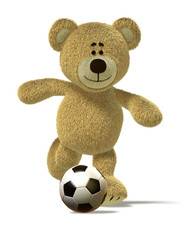 Nhi Bear kicks off a soccer ball
