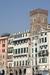 Genoa - Medieval facades and Raffaele Rubattino monument