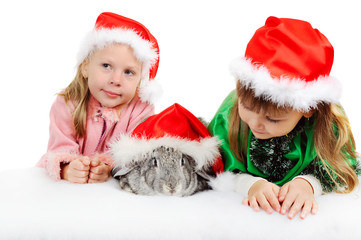 Two girls with a rabbit in red caps of Santy over white