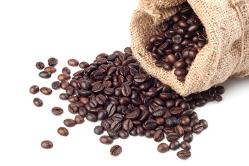 Coffee beans in canvas sack on white background