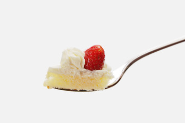 Strawberry shortcake on fork