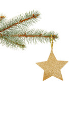 Fototapeta na wymiar Christmas golden star on a christmas branch isolated on white