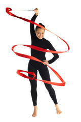Gymnastic with ribbon posing on white