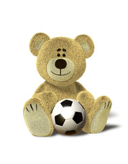 Nhi Bear sits with soccer ball