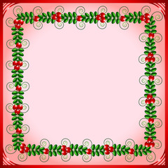 Red frame with leafs and berries on a pink background
