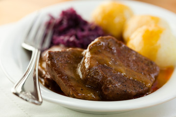 Roast Beef with Potato Dumplings and Red Cabbage