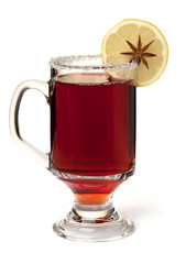 Hot mulled wine with lemon slice