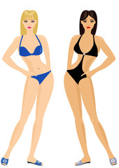 blonde and brunette in bikini fashion