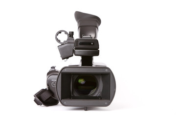 Professional video camcorder on white background