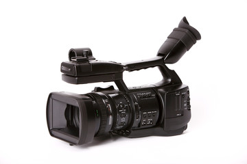 Professional video camcorder on white background
