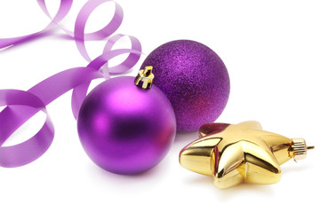violet christmas balls and ribbon