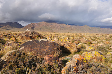 Ancient petroglyphs in a Valley Stones on Issyk-Kul, Kyrgyzstan