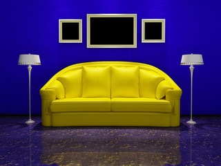 Yellow sofa and picture frames