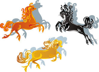 three color horses on white