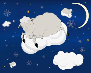 Carte de Noël. Un agneau sur un nuage.