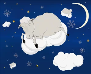 Papier Peint photo Ciel Carte de Noël. Un agneau sur un nuage.
