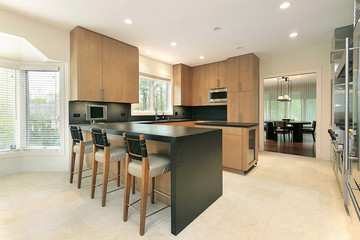 Kitchen with black counters