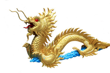 horizontal golden dragon statue with isolated background