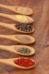 Spices in wooden spoons