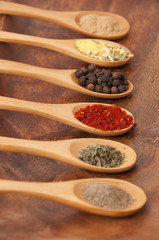 Spices in wooden spoons