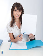 Happy business woman with your message