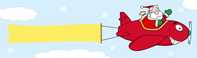 Santa Flying With Christmas Plane And A Blank Banner Attached