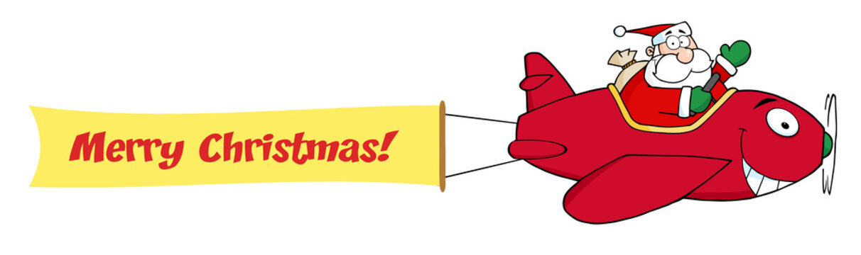 Santa Claus Flying With Christmas Plane And A Blank Banner
