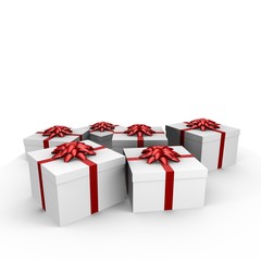Many gifts with red ribbon - 3d image