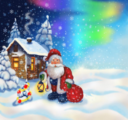 Illustration with Santa Claus and a small house