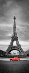 Fotobehang Rood, wit, zwart Eiffeltoren en rode auto - Parijs