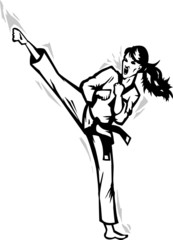 Stylized drawing of a girl doing a vicious sidekick.