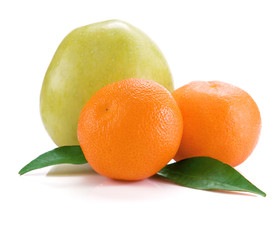 mandarins and apple isolated and green leaves on white