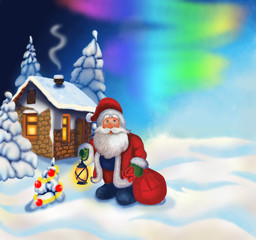 Illustration with Santa Claus and a small house