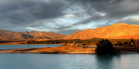 church by a glacier lake