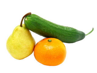 cucumber with a tangerine and a pear