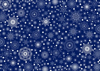 Many white stars and snowflakes on a deep blue background