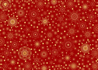 Many gold stars and snowflakes on a claret background