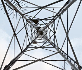 Center of high voltage pylon. Looking up view