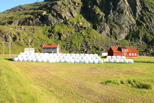 Barn, house and hay bales