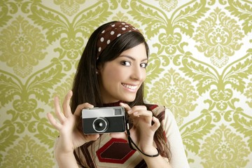 Retro photo camera woman green sixties wallpaper
