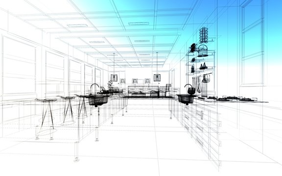 cucina monolocale rendering 3d disegno illustrazione