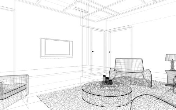 salotto rendering 3d wire illustrazione divano
