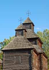 Fototapeta na wymiar Antique traditional wooden church, Pirogovo, Kiev, Ukraine