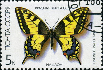 Papillon jaune et noir, timbre oblitéré russe.