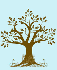 Abstract Tree Silhouette with Leaves and Vines Brown
