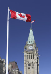 Canadian flag and Parliament, Ottawa