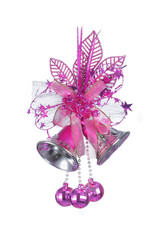 pink Christmas Bells with pink ribbon over white