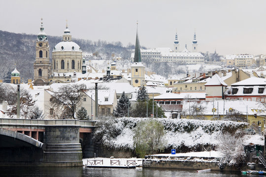 View on Snowy Prague, beautiful medieval city of Czech republic