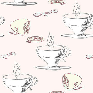 Tea cups and lemon seamless pattern